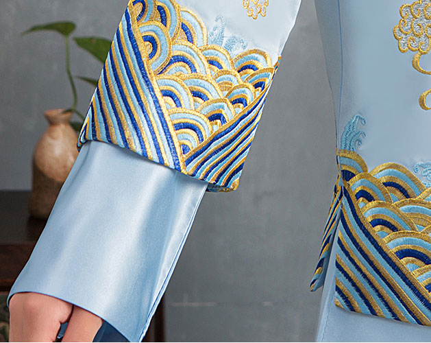 Blue Embroidered Dragon Phoenix Man Wedding Qun Gua