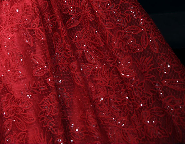 Burgundy Sequined Lace A-Line Maxi Formal Wedding Dress