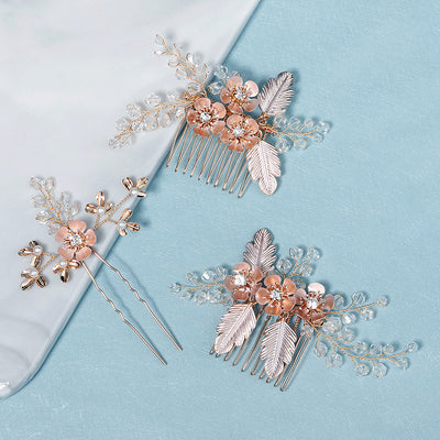 Rhinestone Alloy Flower Leaves Bride Wedding Hair Comb Pins