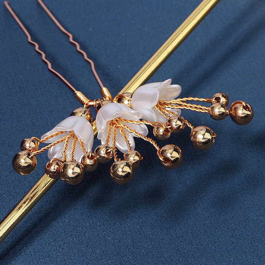 3 Pieces Beads White Flower Bride Wedding Hair Pins