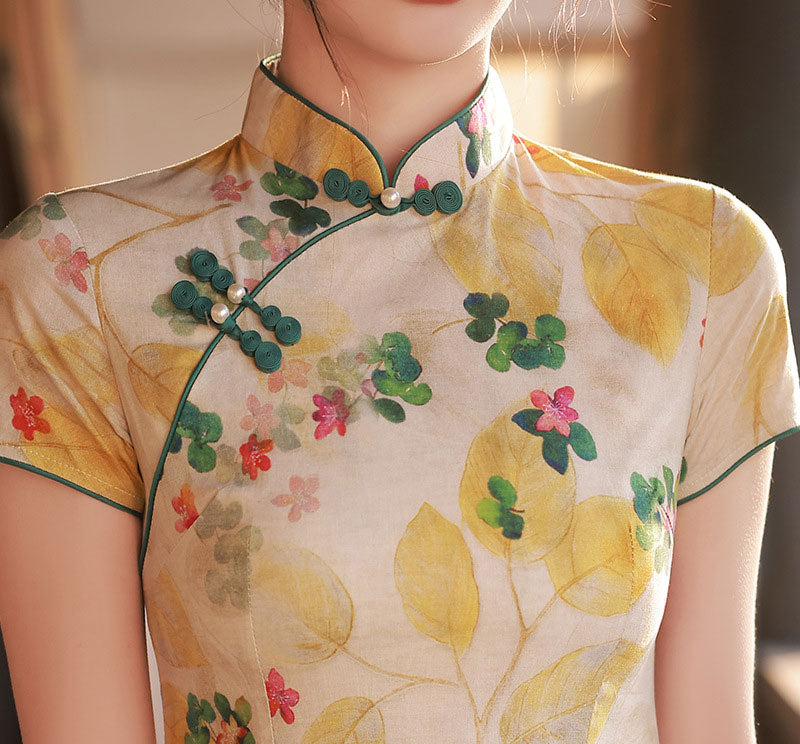 Floral Linen Mid Tea Cheongsam Qipao Dress