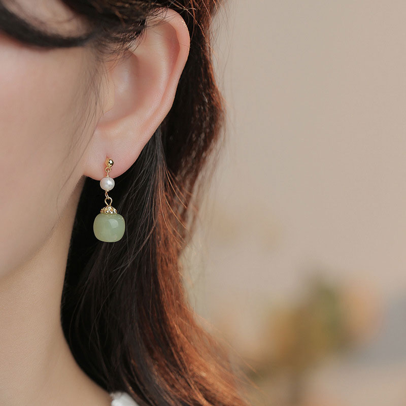 Green Jade Pearl Drop Dangle Earrings