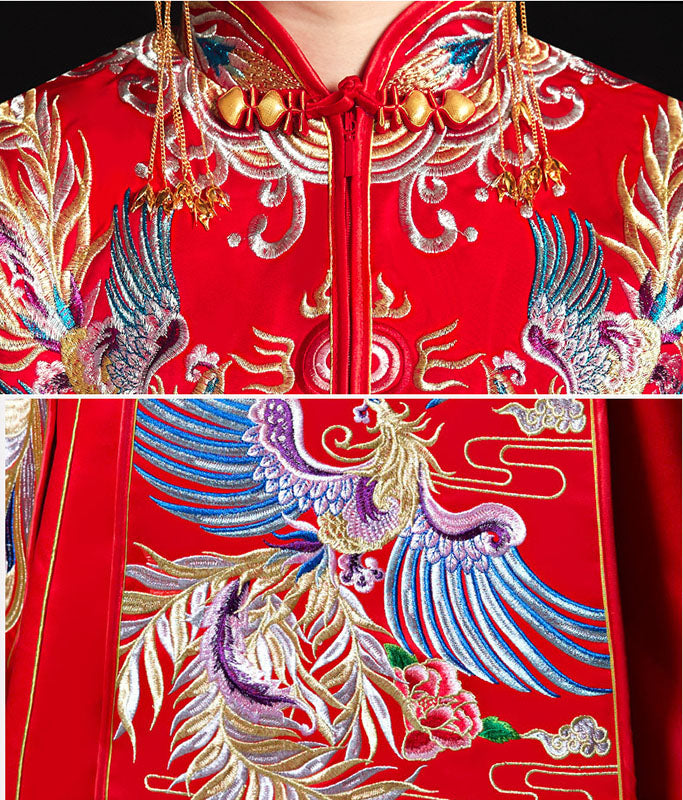 Red Gorgeous Embroidered Phoenix Chinese Wedding Bridal Qun Gua
