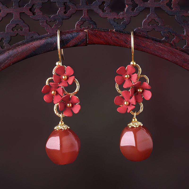 Red Agate Petals Drop Dangle Pierced Clip On Earrings