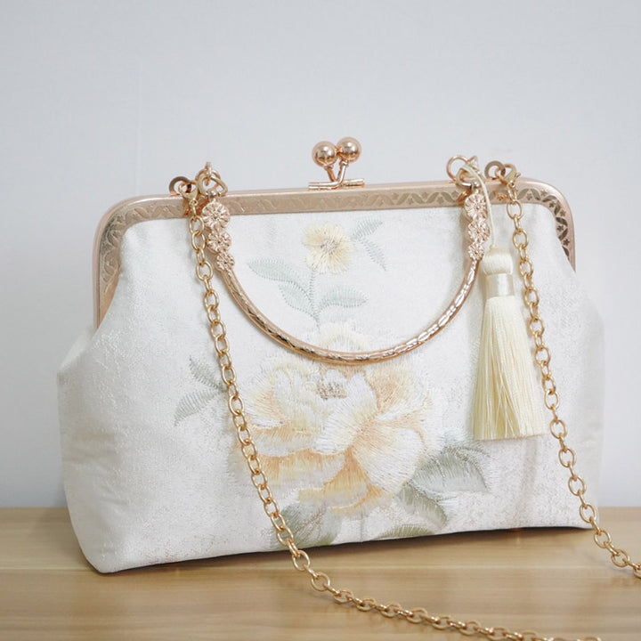 White Embroidered Peony Chain Top Handle Clutch Handbag