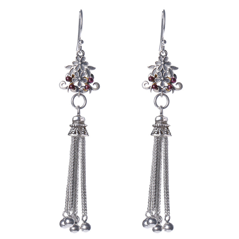 Long Drop Silver Tassel Dangle Clip On Earrings