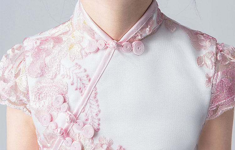Pink Embroidered Kids Girls Cheongsam / Qipao Dress