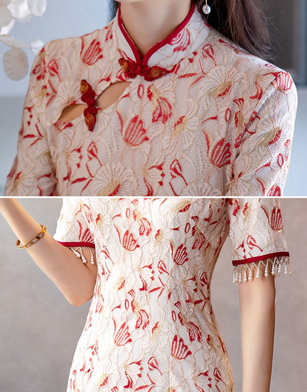 Floral Lace Mid Modern Cheongsam Qi Pao Dress