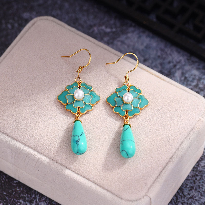 Vintage Green Enamel Flower Drop Dangle Earrings
