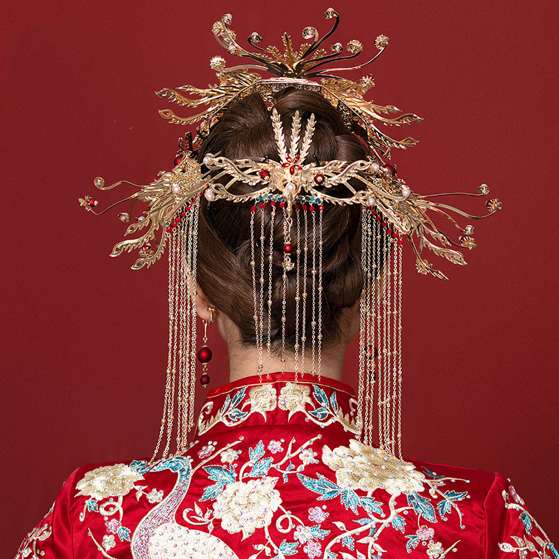 Chinese Traditional Tassel Bridal Hair Crown & Earrings