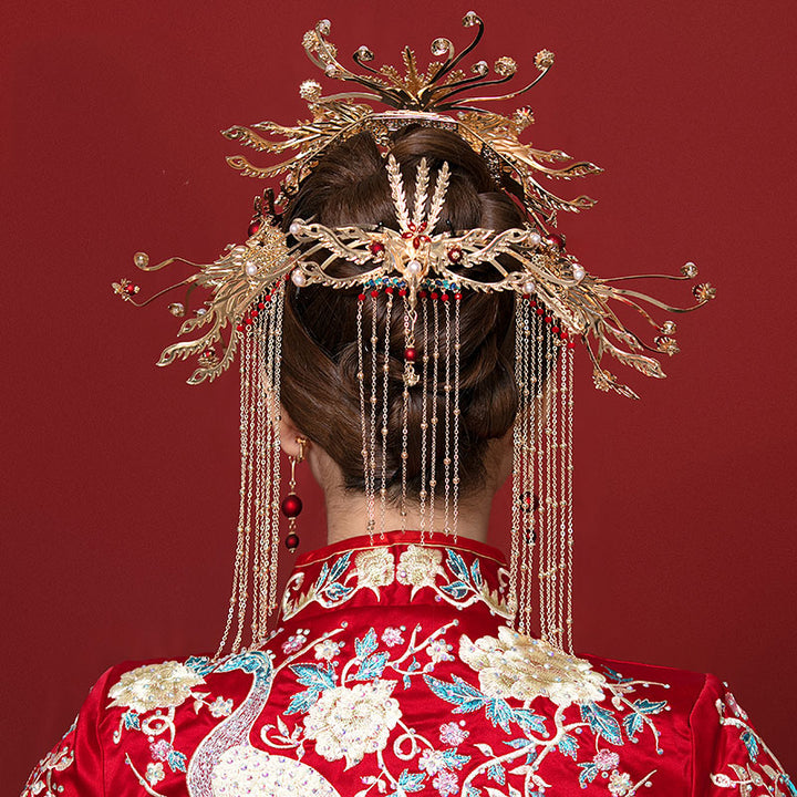 Chinese Traditional Tassel Bridal Hair Crown & Earrings