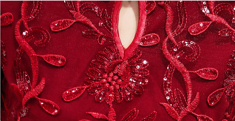 Wine Red Sequins Midi Qipao Cheongsam Wedding Dress