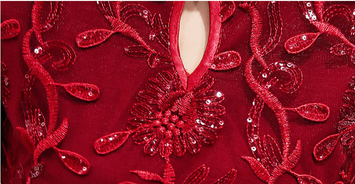 Wine Red Sequins Midi Qipao Cheongsam Wedding Dress