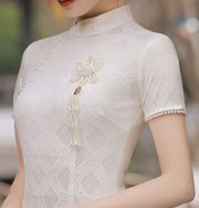 Red White Lace Pearl Engagement Cheongsam Qi Pao Dress