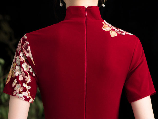 Burgundy Embroidered Thigh Split Wedding Qipao / Cheongsam Dress