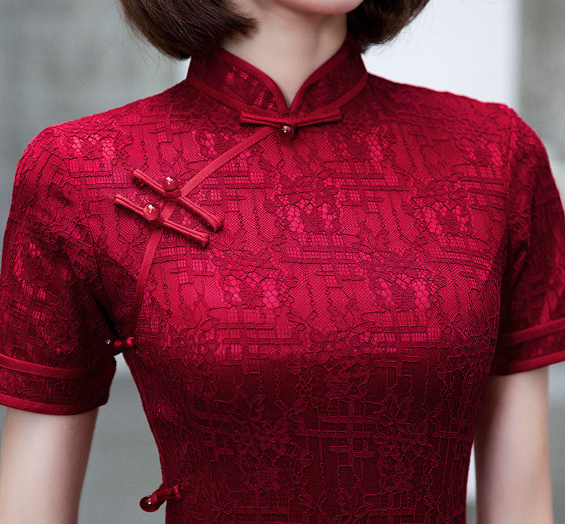 Burgundy Lace Mid Modern Qipao Cheongsam Dress