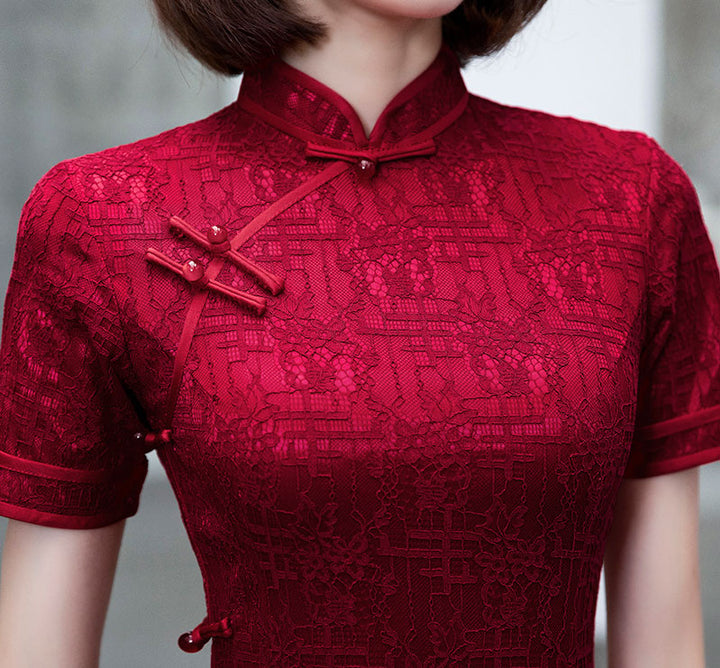 Burgundy Lace Mid Modern Qipao Cheongsam Dress