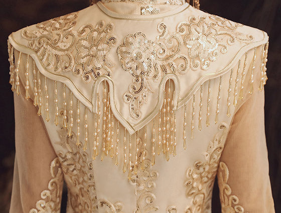 Summer Champaign Wedding Qun Kwa with Detachable Shawl
