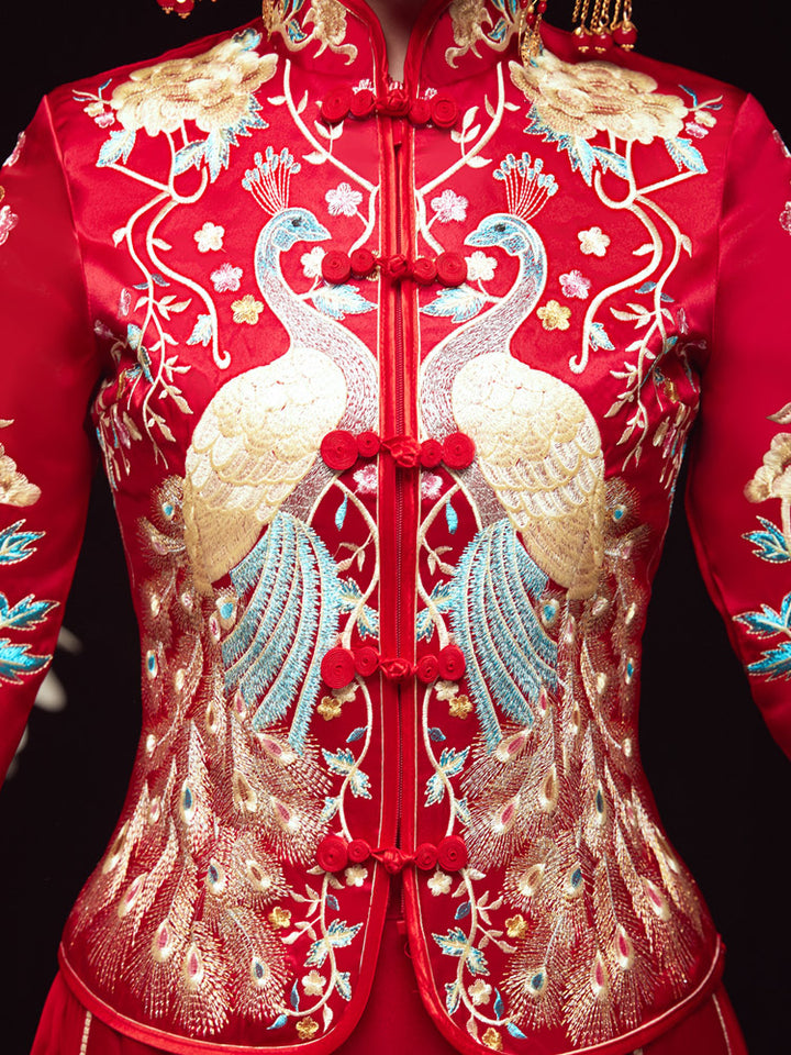 2024 Embroidered Phoenix Wedding Bridal Qun Kwa & Pleated Skirt