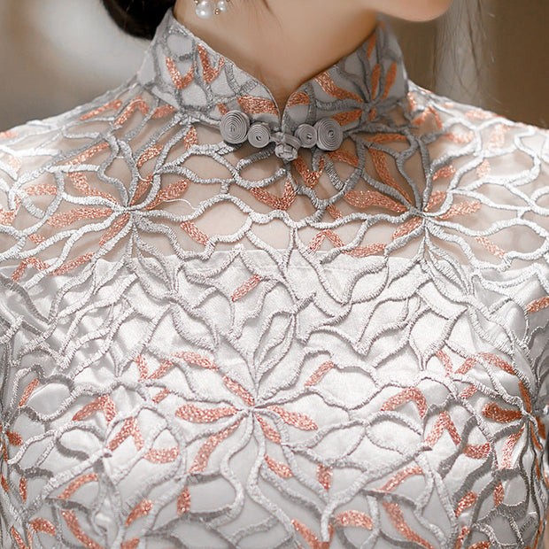 Illusion Gray Floral Lace Modern  Cheongsam Qi Pao Dress