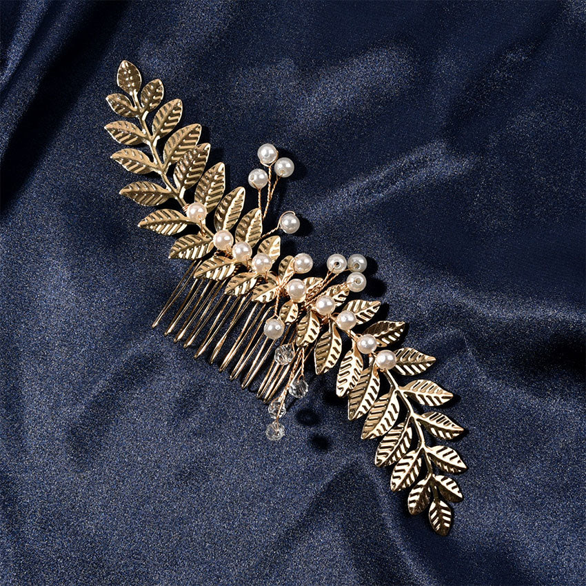 Gold Leaf Pearl Wedding Hair Combs Clips