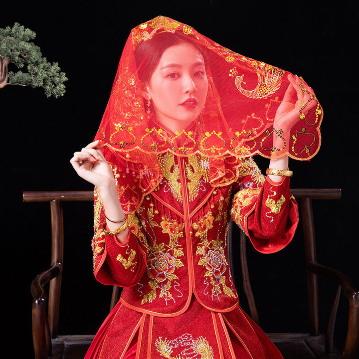 Red Phoenix Chinese Wedding Bridal Mesh Veil