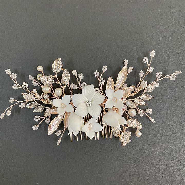 Rhinestone Ceramic Flower Bridal Wedding Hair Comb