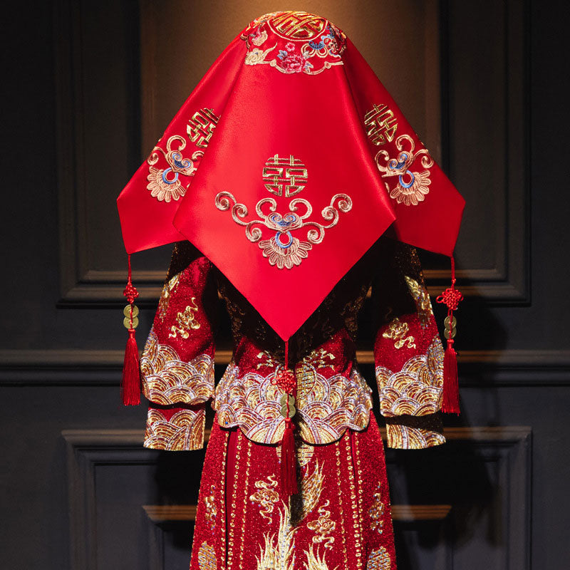 Red Embroidered Floral Phoenix Chinese Wedding Bridal Veil
