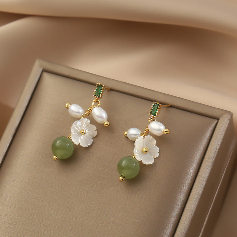 Silver Jade Pearl Dangle Drop Earrings