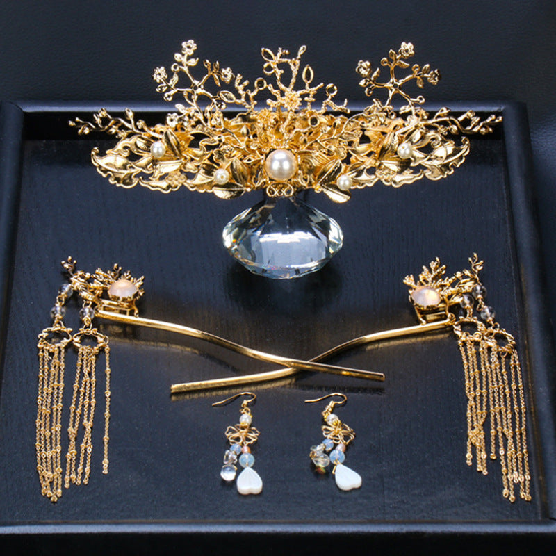 Gold Alloy Bridal Tassels Hair Clips & Earrings