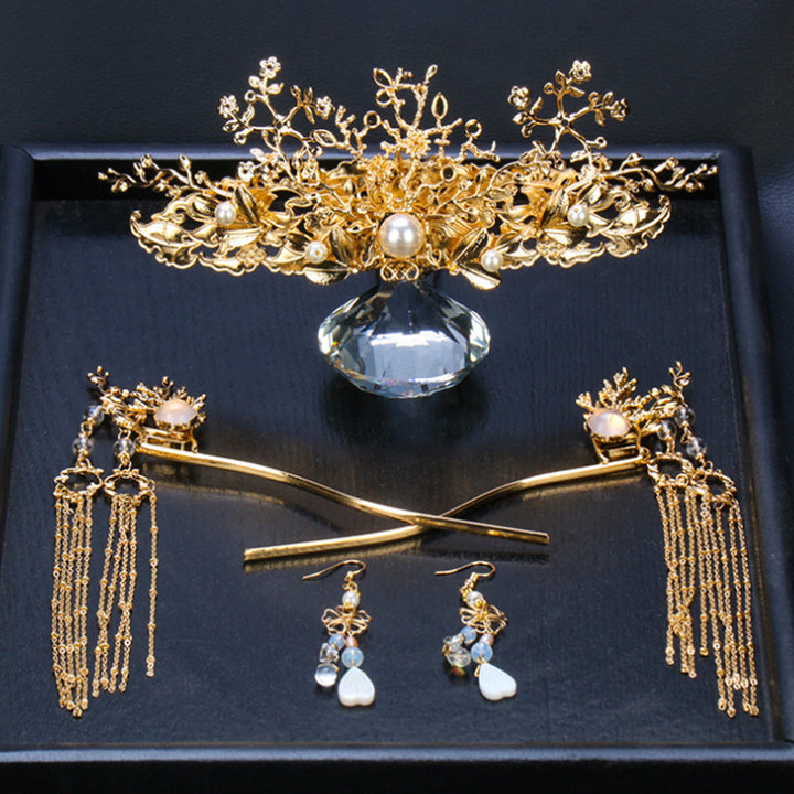 Gold Alloy Bridal Tassels Hair Clips & Earrings