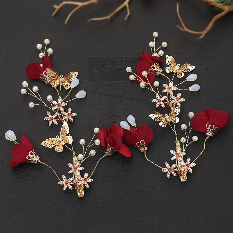 Red Blossoms and Alloy Pearl Hair Vine Clip