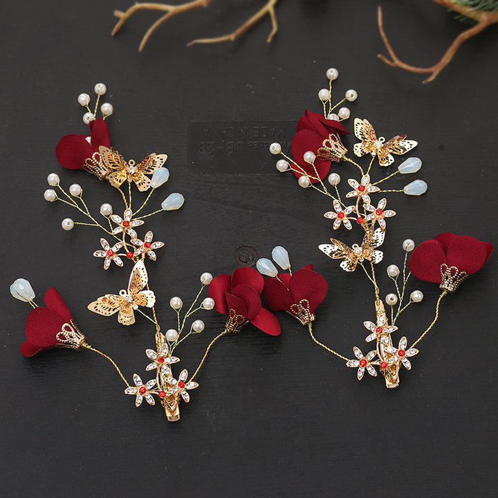 Red Blossoms and Alloy Pearl Hair Vine Clip