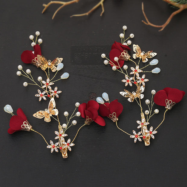 Red Blossoms and Alloy Pearl Hair Vine Clip