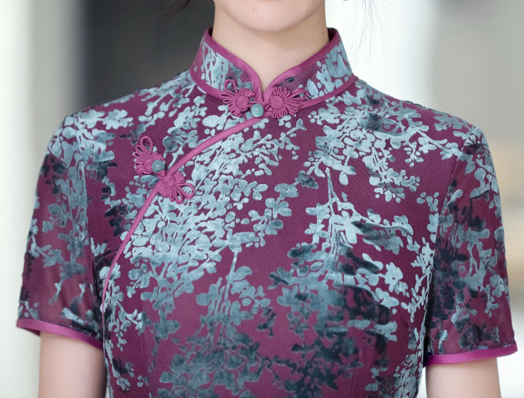 Purple Mothers Velvet Full Cheongsam Qipao Dress