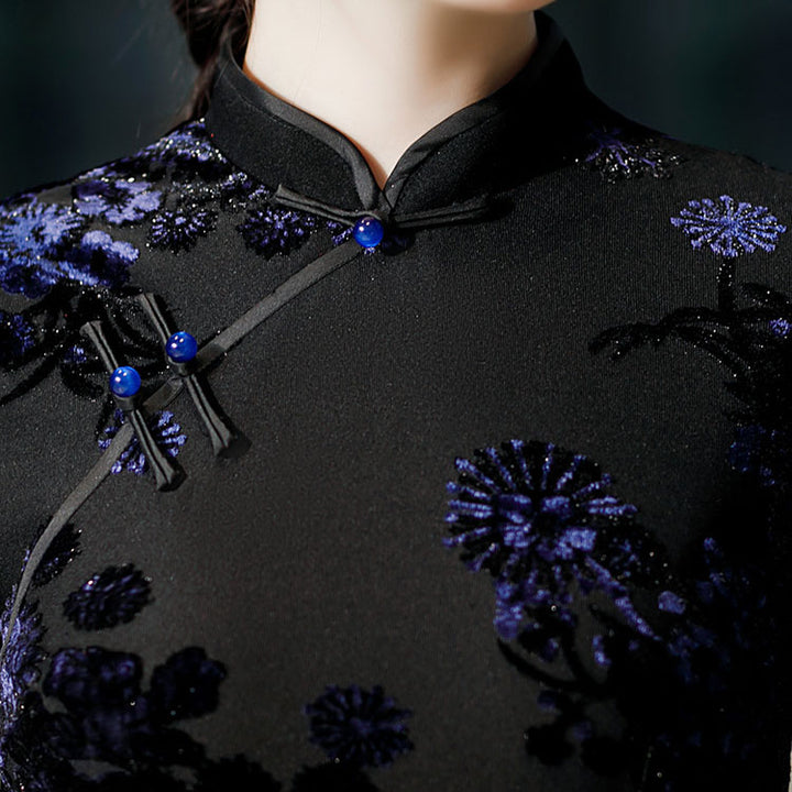 Mothers Red Blue Floral Velvet Cheongsam Qi Pao Dress