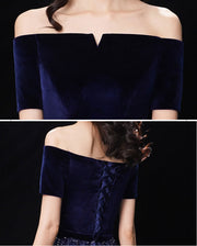 Blue A-Line Off Shoulder Maxi Evening Formal Dress