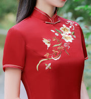 2023 Black Red Embroidered Floral Mid Cheongsam Qipao Dress