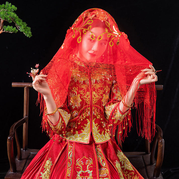 Red Mandarin Duck Chinese Wedding Bridal Mesh Veil 