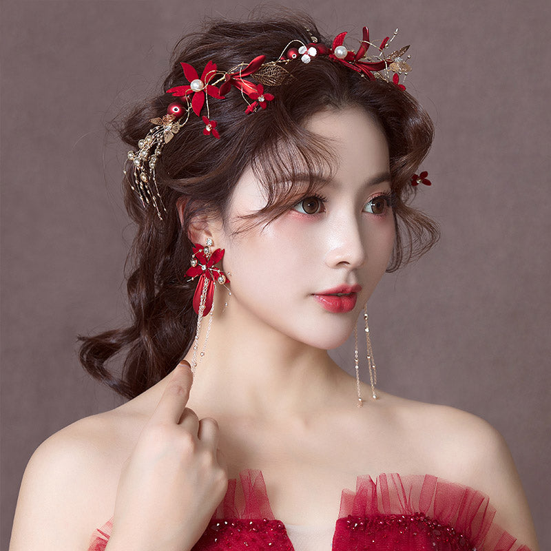 Red Silk Blossom Pearl Bridal Hair Vine Clip