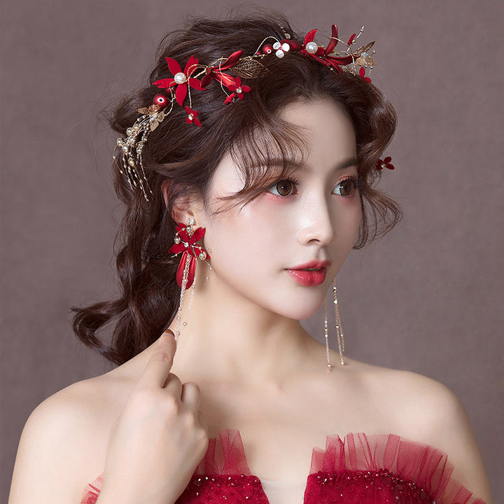Red Silk Blossom Pearl Bridal Hair Vine Clip