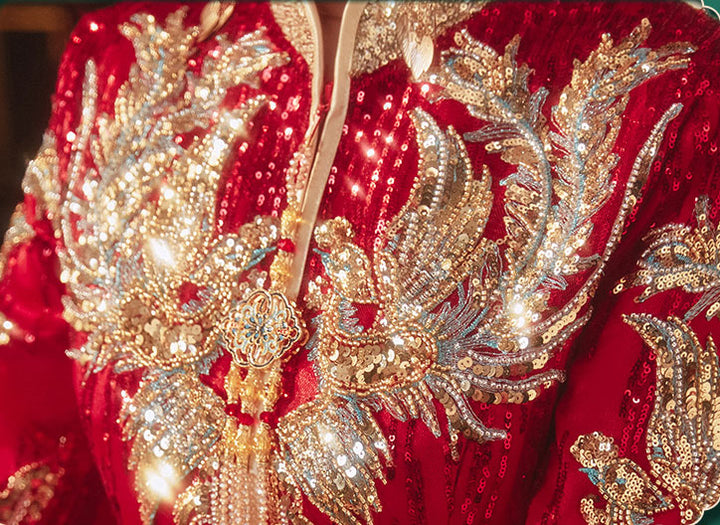 Red Sequined Phoenix Wedding Bridal Groom Qungua XiuHe
