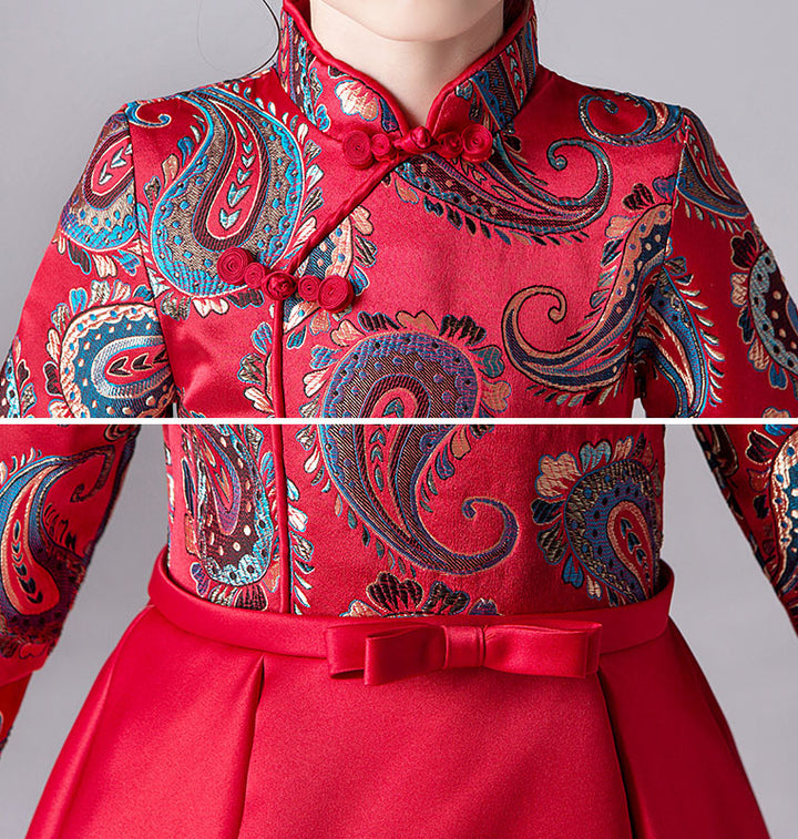 Red Woven A-Line Girl Qipao / Cheongsam Dress