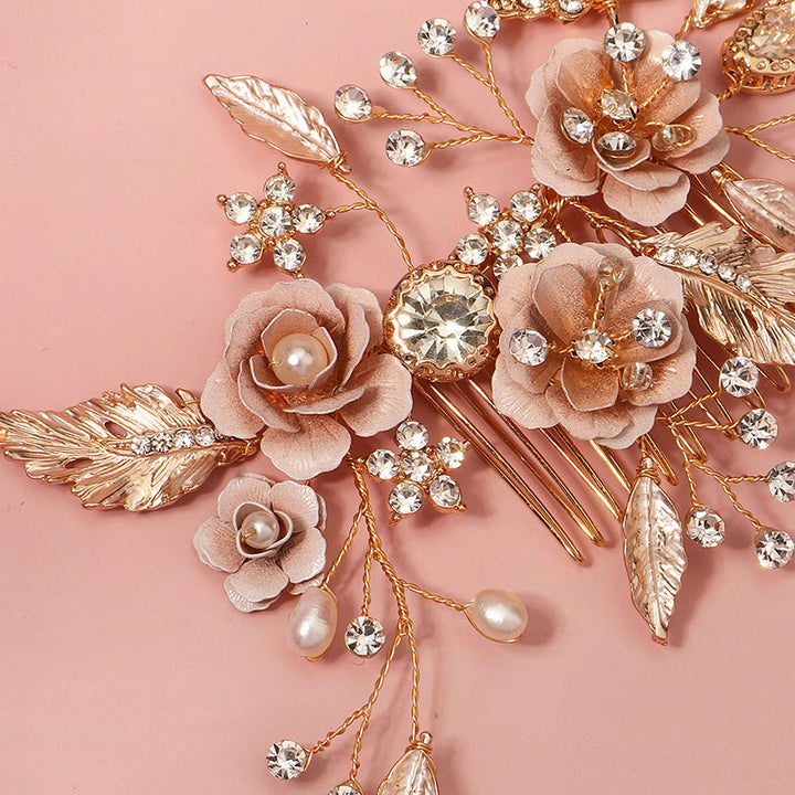 Gold Rhinestone Flower Leaf Bride Wedding Hair Comb