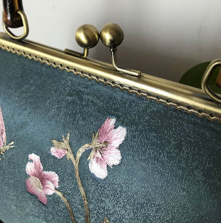 Handmade Blue Embroidered Chain Strap Top Handle Bag
