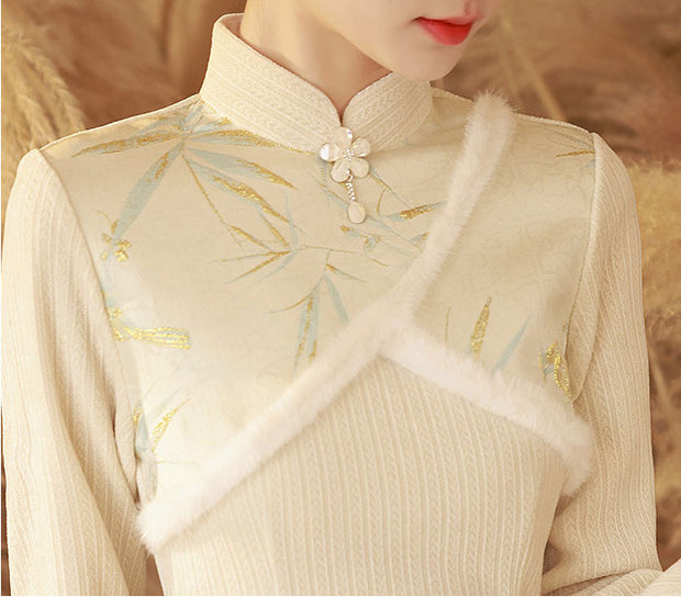 Two Pieces Knit Winter Qipao Dress & Floral Waistcoat Top