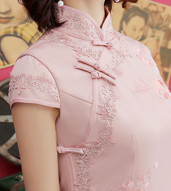 Embroidered Qipao / Cheongsam Maxi Dress with Lace Trim