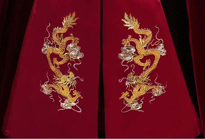 Wine Red Embroidered Dragon Men Wedding Suit Jacket