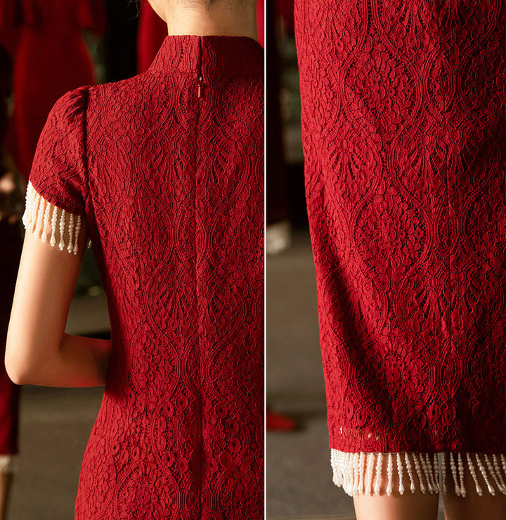 Burgundy Lace Wedding Bridal Cheongsam Qi Pao Dress with Beads