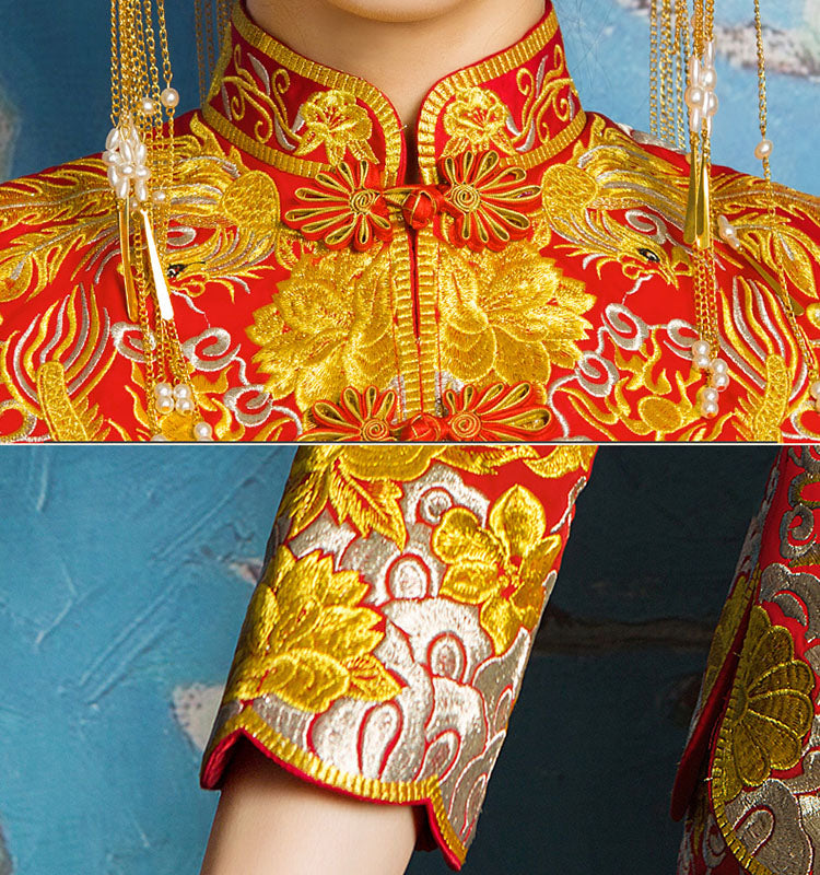 Red Embroidered Phoenix Chinese Wedding Bridal Qun Gua